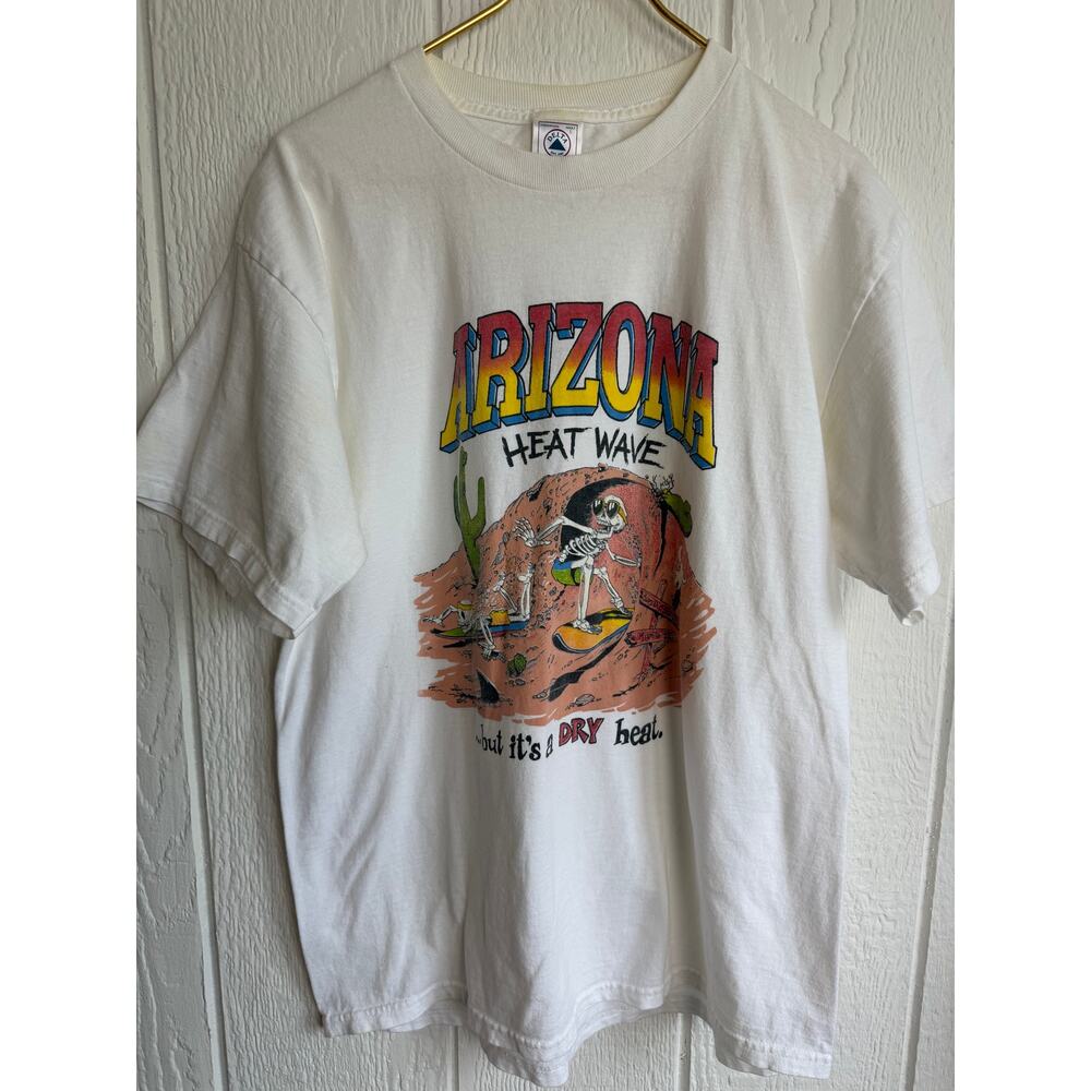 Vintage 90s “Arizona Heat Wave” Graphic T-Shirt – Skeleton Surfing Desert Design